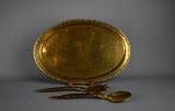 Brass Tray and Salad Serving Fork & Spoon