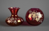 Two Vintage Hand Decorated Cranberry Glass Vases
