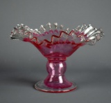 Antique Blown Cranberry Glass Compote with Crimped Rim