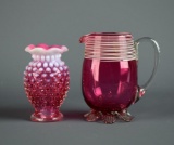 Vintage Cranberry Glass Hobnail Vase and Ridged Ewer