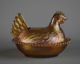 Vintage Marigold Carnival Glass Hen Nesting Candy Dish