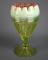 Antique Opalescent Vaseline Glass 7” Vase with Crimped Cranberry Flecked Rim