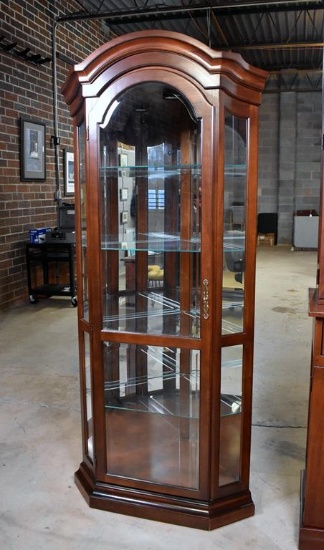 Tall Contemporary Mahogany & Glass Lighted Corner Curio Cabinet, Beveled Glass Door, 5 Shelves
