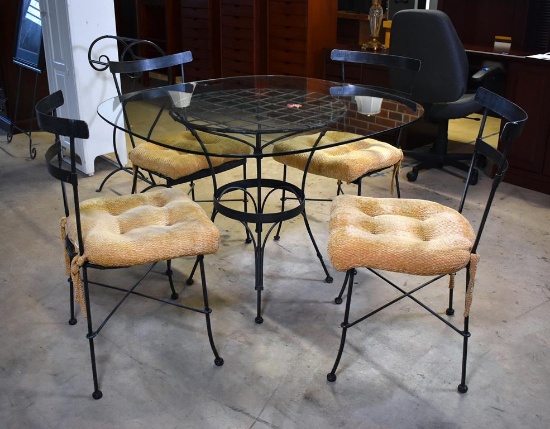 Set of Four Matching Metal Lattice Dining Chairs with Seat Cushions