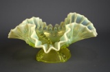 Vintage Fenton Hobnail Opalescent Vaseline Glass Crimped 7” Bowl