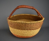 Handwoven Fiber Basket with Leather Thong Wrapped Handle