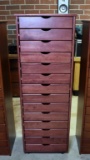 Walnut Finish 14-Drawer Tower Storage Cabinet with Caster Feet by K.M. Wooden Ware