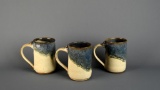 Set of Three Blue & Cream Pottery Coffee Mugs