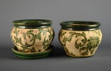 Pair of Green & Tan Ceramic Planters, One with Undertray