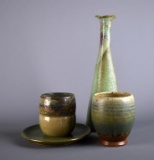 Lot of Four Green Glaze Studio Pottery Items