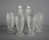 Vintage Jeanette Iris & Herringbone Water / Lemonade Set—Pitcher and Six Glasses