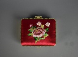 Oriental Style Embroidered Red Silk Mirror Compact