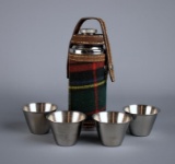 Vintage Tartan Clad Stainless Steel 8 oz Flask w/ Four Cups, Leather Trim