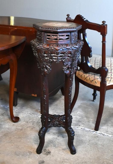 Vintage Asian Carved Mahogany & Marble Octagonal Plant Stand