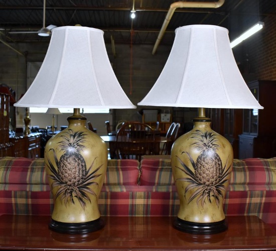 Pair of 32” H Ceramic Lamps w/ Pineapple Motif & Linen Shades