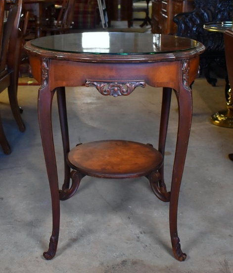 Vintage Round Carved Parlor Table, Burl Top with Protective Glass Top Cover