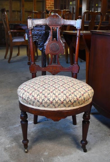 19th C. Victorian Eastlake Mahogany Hall Chair with Upholstered Seat & Front Casters