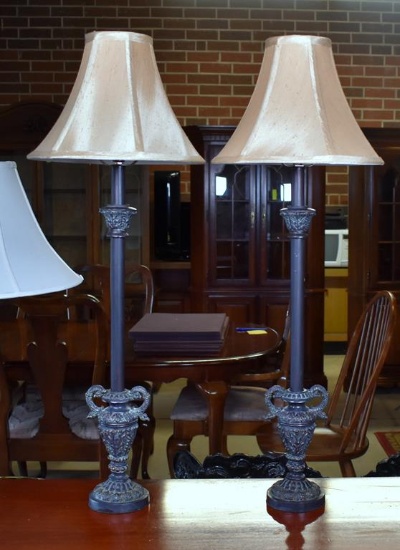 Pair of Black w/ Verdigris Metal Candlestick Buffet Lamps w/ Tan Silk Shades