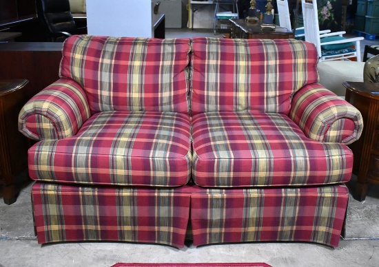 Haverty's Red, Green, Gold Plaid Upholstered Love Seat