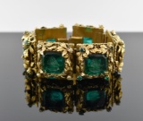 Vintage Chunky Green Glass Cameo & Gold Leafy Hinged Link Bracelet