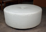 Large Mid-Century Modern Round Hassock, White Vinyl Upholstery, Brass Caster Feet