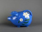 Painted Earthenware Sleeping Blue Pig Piggy Bank w/ Floral Decoration & Handle