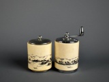 Vintage George S. Thompson Corp. Scrimshaw Salt & Pepper Mill Grinder Set Signed Nunuk