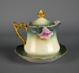 Hand Painted & Gilded 4.5” H Individual Teapot w/ Underplate, Hand Painted by “Carroll”