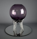 Footed Plum & Clear Glass 12” H Ball Vase w/ Studiohome Mirror Display