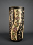 Chinese Cream, Black, Plum 18.5” H Moriage Decorated Cylinder Floor Vase / Umbrella Stand