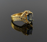 Blue Solitaire Stone & Gold Ring, 14K HGE (Electroplate), Size 7.25