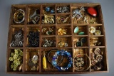 Open Wood Tray of Assorted Costume Jewelry