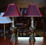 Pair of Pierced Antiqued Brass Lamps w/ Burgundy Silk Shades