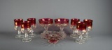 Lot of Eight King's Crown Cranberry Flashed Thumbprint Pieces & A Cranberry Flashed Tazza