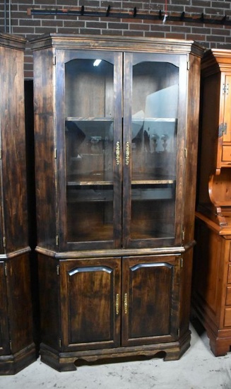 Vintage Dark Stained Oak Corner China Cabinet