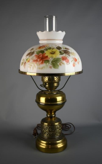 Vintage Farmhouse Oil Lamp Style Brass & Hand Painted Milk Glass Electric Table Lamp