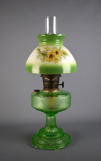 Lovely Antique Aladdin Model B Oil Lamp with Green Glass Font/Base & Hand Painted Glass Shade