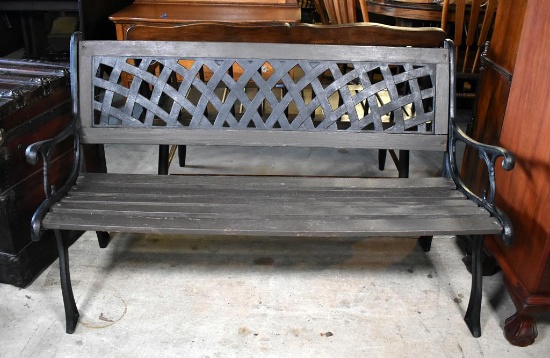 Vintage Black Cast Iron & Wooden Slat Outdoor Bench