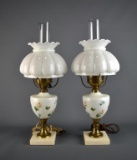 Pair of Vintage Farmhouse Oil Lamp Style Hand Painted Milk Glass Electric Table Lamps