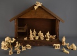 Vintage Hobbiest Wooden Creche with Glazed Ceramic Figures, Lighted