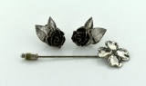 Vintage GA Sterling Silver Rose Earrings & Beau Flower Stick Pin