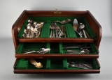 Large Roll Top Silver Flatware Storage Box with Miscellaneous Flatware Pieces