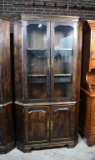 Vintage Dark Stained Oak Corner China Cabinet