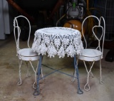 Antique Doll Size Ice Cream Parlor Table and Two Chairs with Knitted Table Cloth