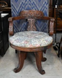 Antique Carved Oak Swivel Hall Chair, Tapestry Upholstered Seat, Brass Nailhead Trim