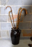 Old 3 Gallon Albany Slip Glazed Churn with Wooden Cane Collection