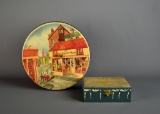 Two Vintage Boxes: Tin Litho Old Curiosity Shop and Wooden Hand Painted Blue Box