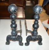 Old Pair of Black Iron Fireplace Andirons / Fire Dogs