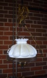 Vintage Brass Coated Metal Hanging Electric Lamp with Milk Glass Shade