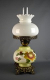 Vintage Farmhouse Oil Lamp Style Brass & Hand Painted Milk Glass Electric Table Lamp